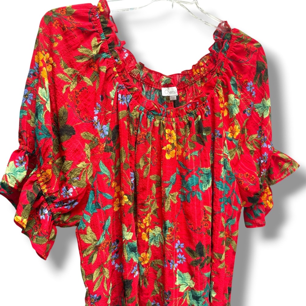 Chenault Red Floral Scoop Neck Ruffle Sleeve‎ Blouse Womens 2X